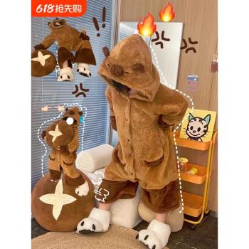 卡皮巴拉睡衣女秋冬珊瑚絨加厚加絨冬天睡袍長款法蘭絨卡通家居服