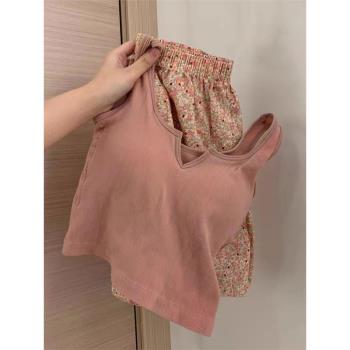甜美帶胸墊吊帶睡衣女夏季運動背心碎花短褲可外穿純棉家居服套裝