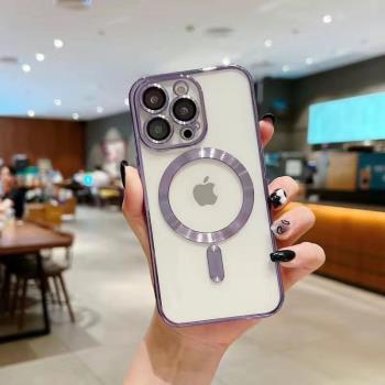 適用蘋果16PRO電鍍磁吸透明手機殼iPhoneXSMAX/13自帶鏡頭膜tpu保護套