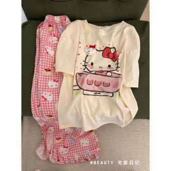 可愛Hello Kitty印花短袖睡衣女夏季新款粉色格子長褲家居服套裝