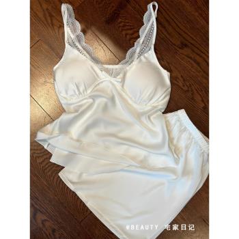 法式宮廷風帶胸墊吊帶睡衣女夏季純欲性感冰絲背心短褲家居服套裝