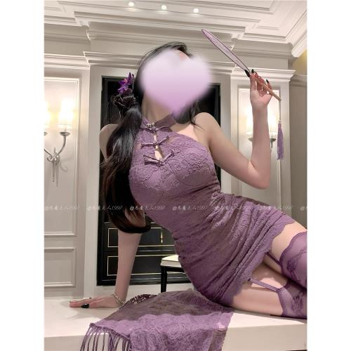 油桃泡泡性感新中式盤扣蕾絲立領旗袍純欲辣妹紫色掛脖情趣睡裙女