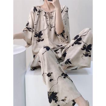 睡衣女春秋季綿綢清冷感新國風家居服可外穿簡約慵懶風棉綢套裝夏