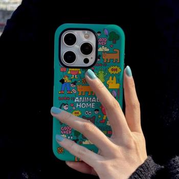動物一家磨砂二合一14適用蘋果16新款手機殼防摔iphone13卡通16promax可愛個性12菲林11小眾15promax高階感14