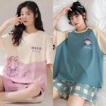 100%純棉睡衣女夏季短袖短褲韓版寬松大碼可外穿女家居服套裝薄款