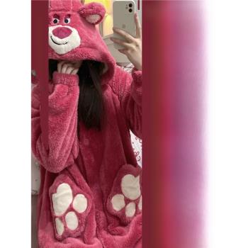 珊瑚絨睡衣女甜美可愛卡通秋冬季保暖女士睡袍中長款可外穿家居服