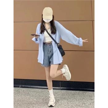 百搭上衣純棉襯衫女2024年新款夏季小眾寬松長袖防嗮襯衣薄款外套