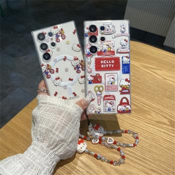 創意單車貼紙kitty貓適用三星S25Ultra手機殼S24Ultra磁吸保護套S23Ultra透明防摔殼S22Ultra全包可愛卡通女