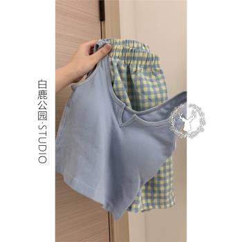 ins風帶胸墊睡衣女夏天2025年新款遮副乳背心格子短褲家居服套裝