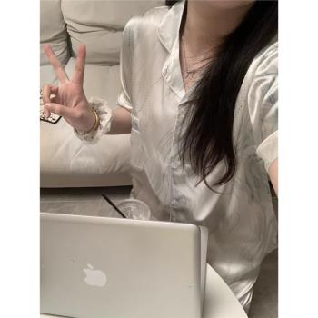 高階感ins風短袖睡衣女夏季冰絲薄款夏日涼感絲綢休閑家居服套裝