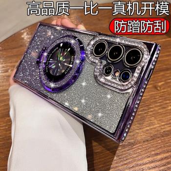 新款三星s25ultra手機殼防摔水鉆閃粉支架s23+高階感s24+電鍍矽膠潮流時尚s22ultra奢華矽膠套女神簡約小眾軟