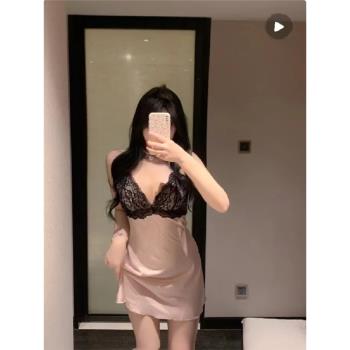 冰絲綢睡衣女款2024新款夏季吊帶帶胸墊真絲高階感睡裙純欲風蕾絲