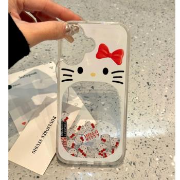 趣味卡通可愛大嘴Kitty流沙適用蘋果16手機殼iphone15promax新款11少女心12鏤空13pro軟矽膠14全包保護套潮女