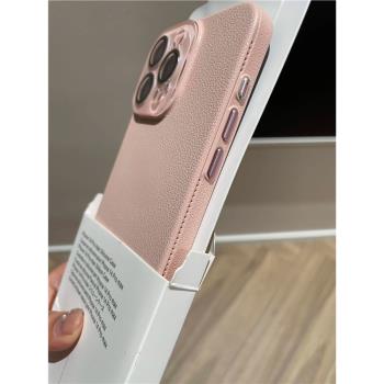 ins簡約少女櫻花粉適用蘋果15pro手機殼荔枝紋iphone16promax全包鏡頭15新款15plus高階感13磨砂12超薄硬殼14