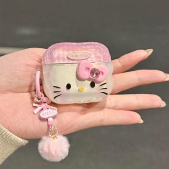 hellokitty耳機保護殼ins粉格紋適用蘋果新3代airpods4藍芽無線耳機保護套airpods1/2女款防摔軟殼