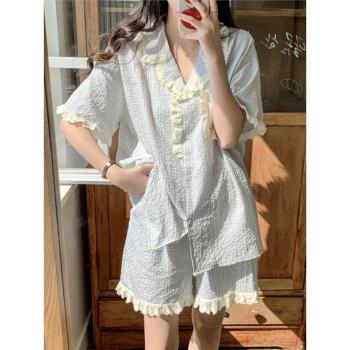 ins韓系格子甜美短袖睡衣女夏季2024年新款夏天網紅風家居服套裝