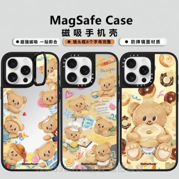CASE聯名Butterbear可愛卡通黃油小熊iPhone16Pro Max鏡面手機殼適用MagSafe磁吸蘋果15Pro鏡頭支架保護套14P
