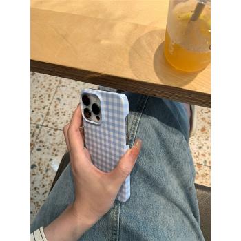 原創簡約奶藍色格紋ins風蘋果手機殼菲林殼適用iPhone13/14promax/plus手機殼蘋果12mini硬XS/8保護套