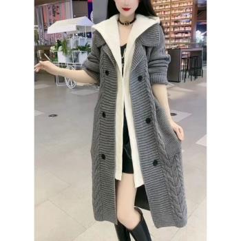 韓版假兩件連帽風衣外套女士2024秋冬新款洋氣寬松中長款加厚毛衣
