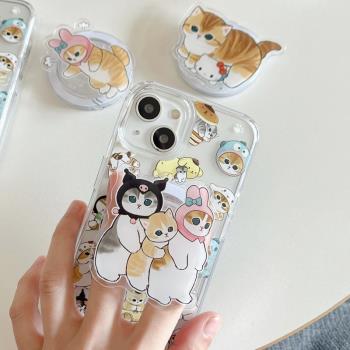 適用於蘋果iPhone15promax手機殼日韓風卡通可愛變裝貓咪磁吸支架13新款14promax亞克力透明12pro/11軟邊硬殼
