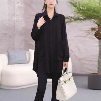 休閑時尚中長款黑色襯衫女春季外穿大碼寬松顯瘦百搭polo領上衣女