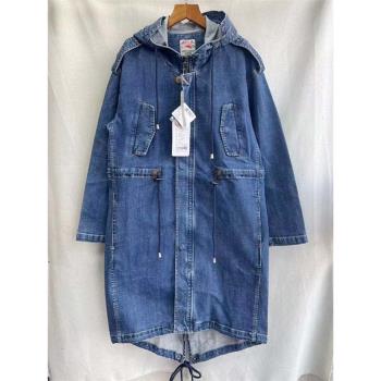 專櫃下架 品牌剪標 春款 女式連帽中長款刺繡直筒牛仔風衣外套