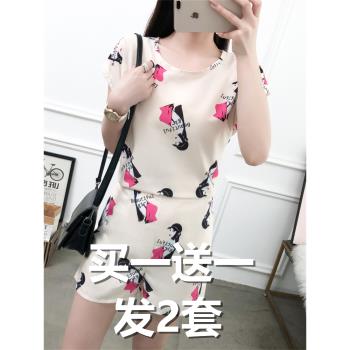 中年睡衣女夏天短袖短褲純棉媽媽圓領中老年人加大碼老人家居服