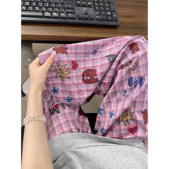 韓版小眾塗鴉設計格紋睡褲夏季女款休閑寬松闊腿顯瘦家居長褲外穿
