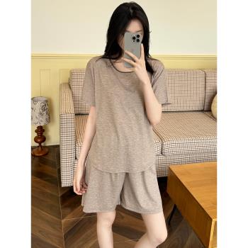 睡衣女夏季莫代爾圓領短袖懶人帶胸墊可外穿防凸點夏天家居服套裝