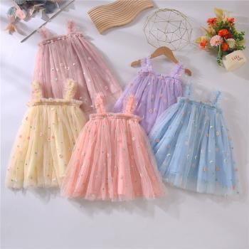 INS童裙刺繡新款吊帶女童連衣裙刺繡甜美紗裙兒童洋裝公主裙批發