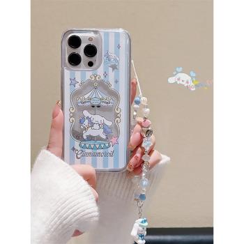卡通大耳玉桂狗流沙閃粉適用iphone15promax蘋果16pro手機殼新款14pro創意12女款11鏈條15plus防摔全包保護套