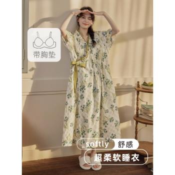 甜美系帶睡袍女款夏季寬松帶胸墊田園風清新睡衣裙薄款雲朵棉浴袍