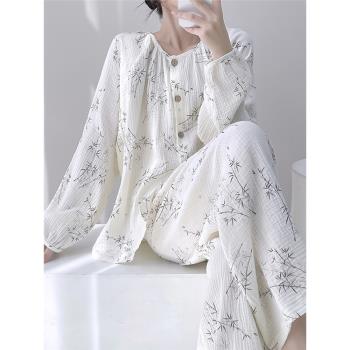 新中式純棉睡衣女款春秋雙層紗布國風長袖嬰兒棉紗家居服大碼套裝