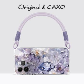 【油畫繁花】適用iphone16手機殼透明新款蘋果15plus矽膠全包防摔16Promax輕奢ins風紫色14/13Pro斜挎揹包式