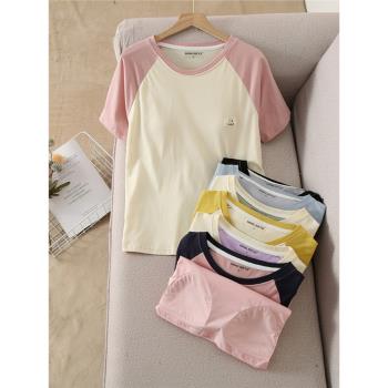 帶胸墊罩杯純棉睡衣女上衣夏季短袖T恤可外穿寬松學生家居服夏天