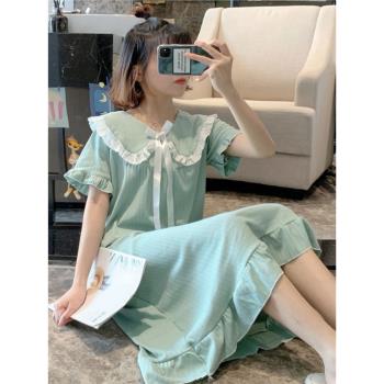 夏季短袖睡裙女甜美公主風高級感可愛網紅風娃娃領花邊家居服睡衣