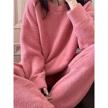 軟綿綿睡衣女秋冬季加絨加厚少女寬松半邊珊瑚絨可外穿家居服套裝