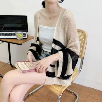 速賣通馬海毛防嗮衣長袖寬松條紋拼色針織衫開衫女上衣外套coat