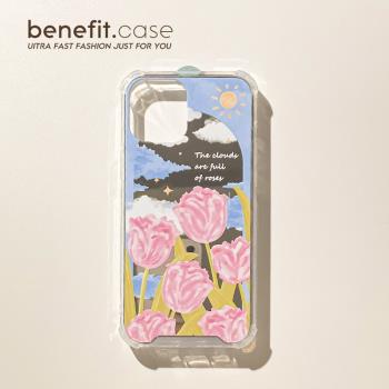 Benefit清新ins油畫鬱金香鏡面16適用15蘋果13promax手機殼iphone12mini四角防摔14新款11xsmax簡約x矽膠8p女