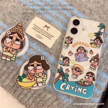 小眾趣味搞怪卡通哭娃泰國女孩13無線充電磁吸Magsafe蘋果15/14手機殼適用iPhone16promax支架11透明保護套12