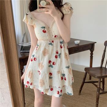 蕾絲帶胸墊睡衣女款夏季公主風甜美睡裙短褲套裝V領吊帶家居服女