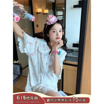 馨幫幫Homedress 學生可愛娃娃領卡通睡衣套裝女夏舒適親膚家居服