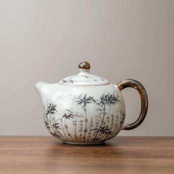 汝窯墨竹茶壺家用辦公泡茶壺開片可養中式復古陶瓷送禮功夫茶具