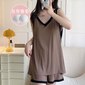 帶胸墊睡衣女2025年夏季新款涼感無袖背心薄款寬松短褲套裝家居服