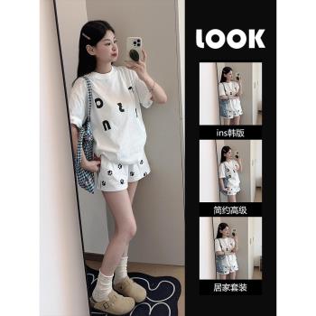 ins大碼短袖睡衣女夏季2024新款字母T恤狗爪短褲家居服套裝可外穿