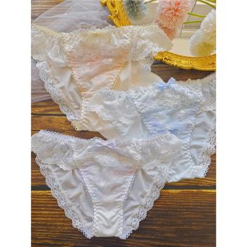 日系冰絲彩虹漸變刺繡蝴蝶結少女內褲蕾絲純欲內褲甜美女生大碼
