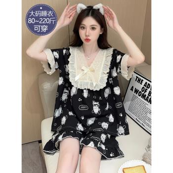 睡衣女款夏季純棉短袖短褲套裝黑色帕恰狗公主風加肥加大碼家居服