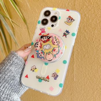 趣味可愛小新旋轉磁吸支架適用iphone16Promax手機殼蘋果15創意卡通14新款13pro雙層14pro手機套防摔