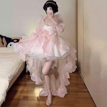 花嫁禮服藍色lolita拖尾連衣裙洋裝洛麗塔重工公主蓬蓬顯瘦