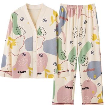 2024新款睡衣女士春秋季和服開衫長袖家居服休閑可外穿套裝長褲